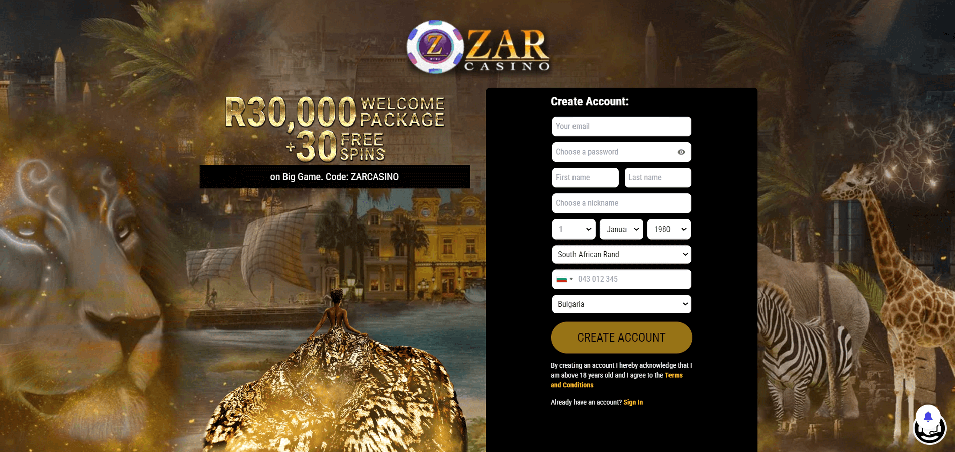 ZAR casino deposit bonus and free spins